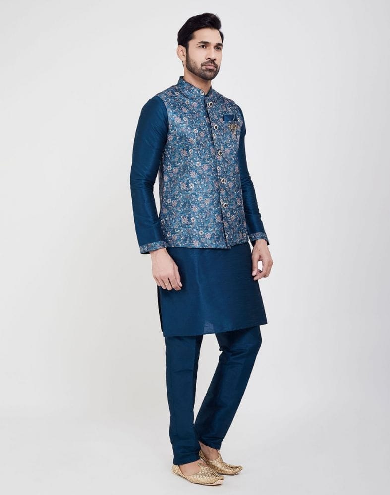 Blue Printed Jacquard Kurta Set