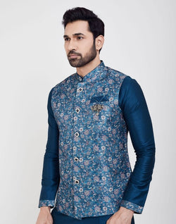 Collection of Blue Printed Jacquard Kurta Set in a gallery layout