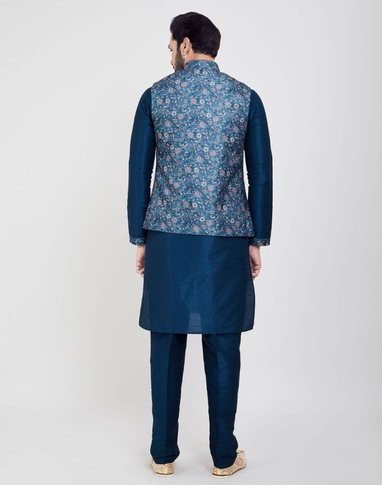 Blue Printed Jacquard Kurta Set