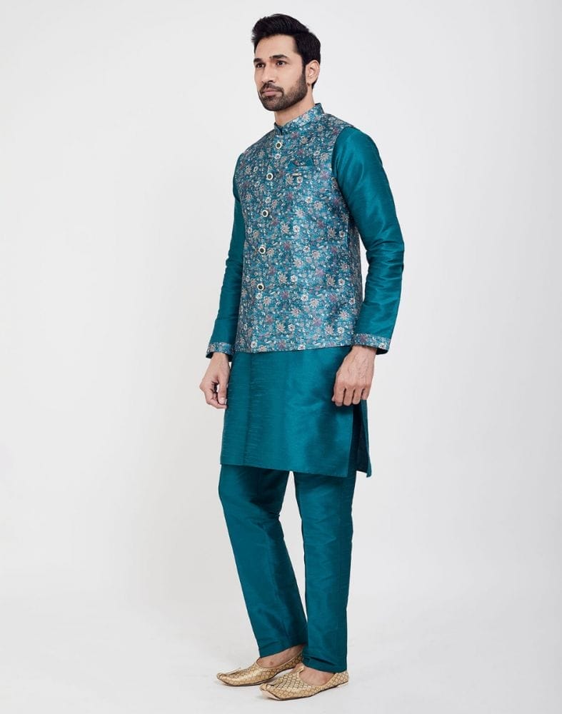 Collection of Green Printed Jacquard Kurta Set in a gallery layout