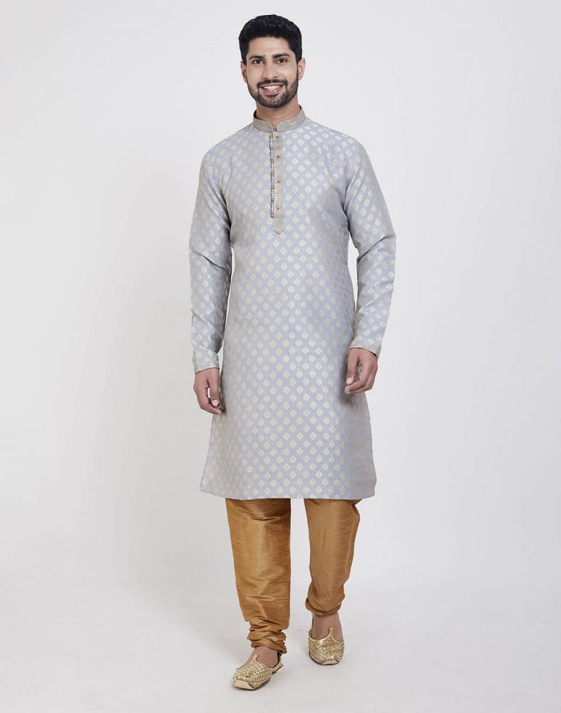 Grey Self Highlighted Brocade Design Kurta Pajama Set