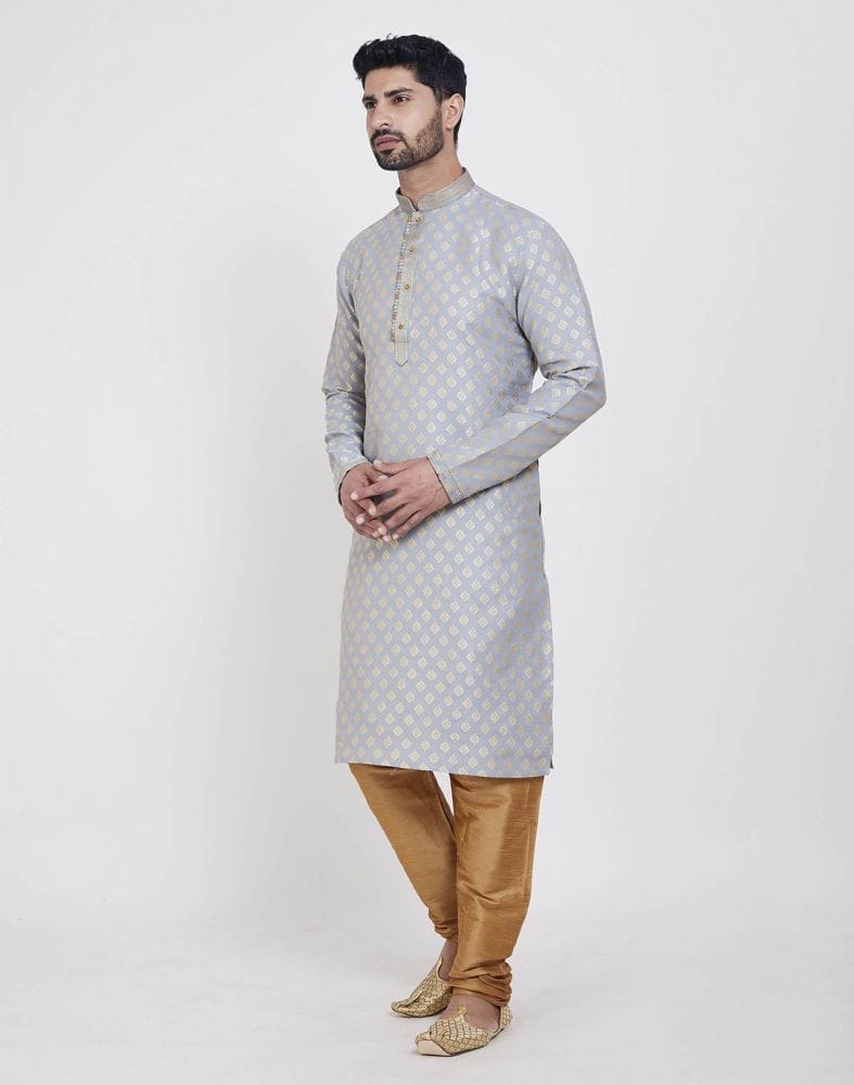 Grey Self Highlighted Brocade Design Kurta Pajama Set