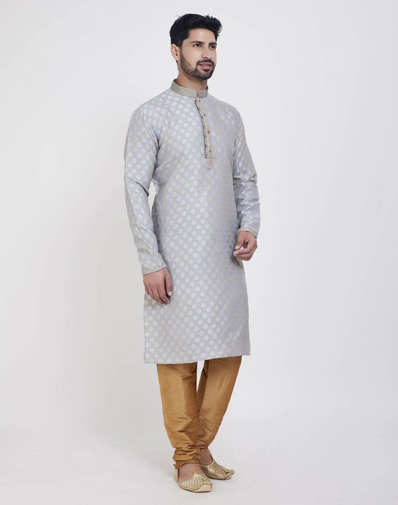 Collection of Grey Self Highlighted Brocade Design Kurta Pajama Set in a gallery layout