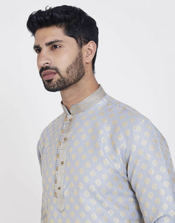 Collection of Grey Self Highlighted Brocade Design Kurta Pajama Set in a gallery layout