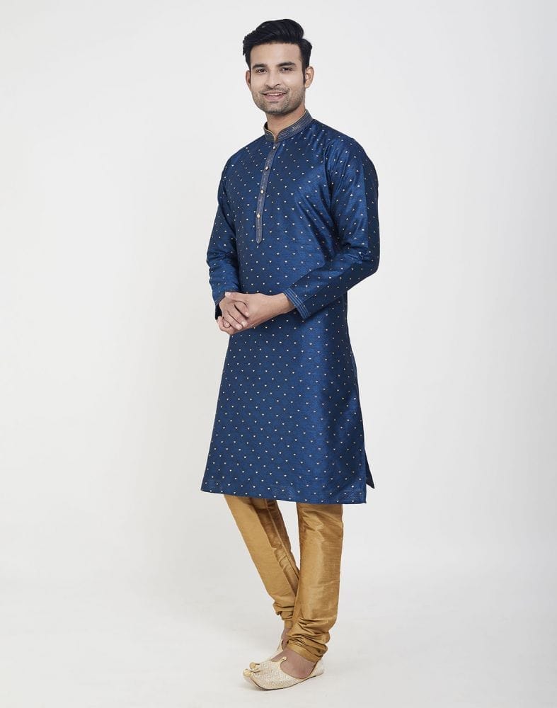 Collection of Navy Blue Self Highlighted Brocade Design Kurta Pajama Set in a gallery layout