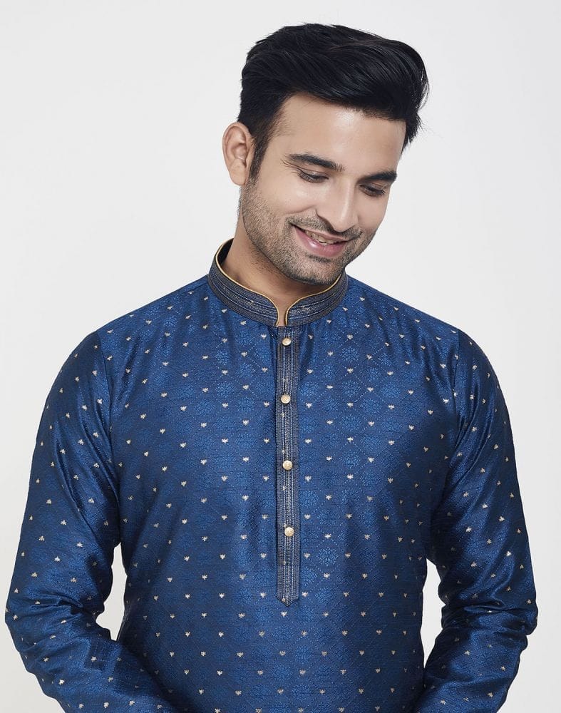 Navy Blue Self Highlighted Brocade Design Kurta Pajama Set