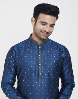 Collection of Navy Blue Self Highlighted Brocade Design Kurta Pajama Set in a gallery layout