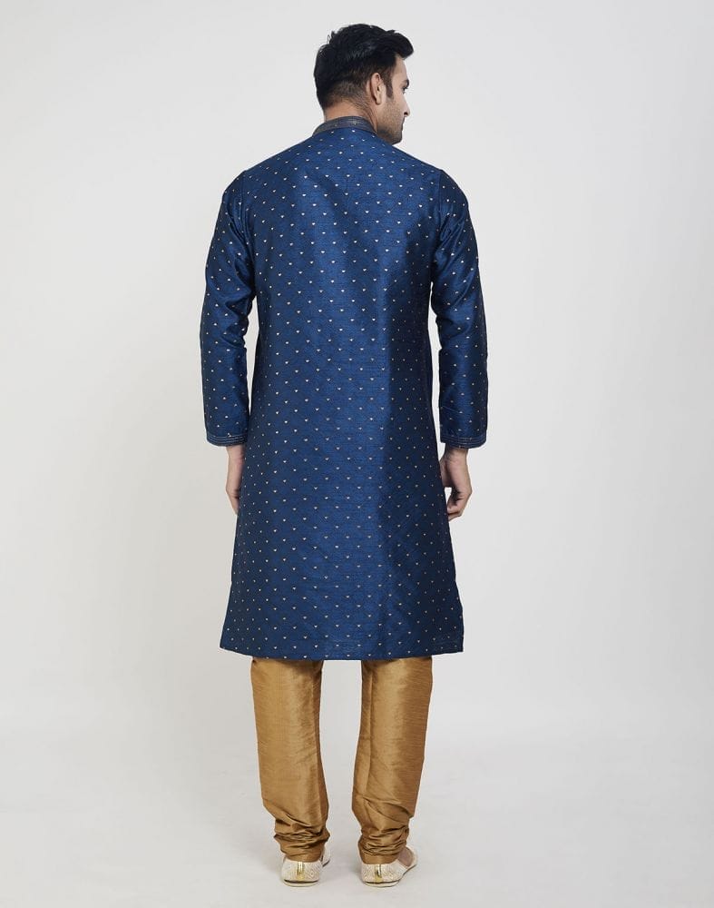 Collection of Navy Blue Self Highlighted Brocade Design Kurta Pajama Set in a gallery layout