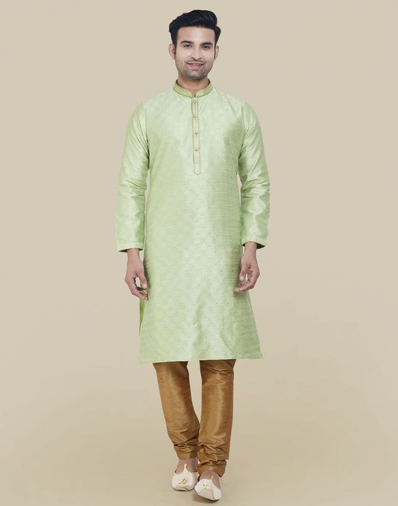 Collection of Pista Green Self Highlighted Brocade Design Kurta Pajama Set in a gallery layout