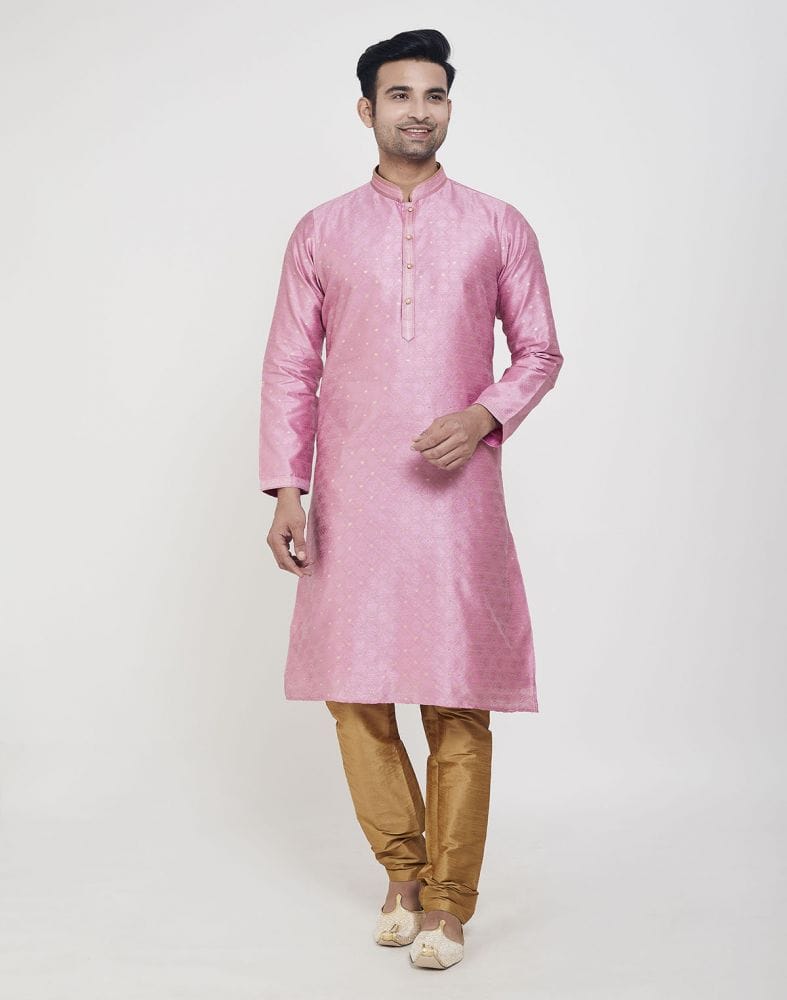 Collection of Pink Self Highlighted Brocade Design Kurta Pajama Set in a gallery layout