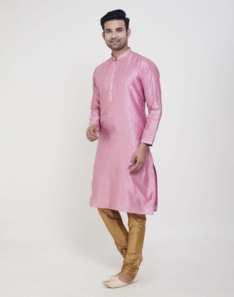 Collection of Pink Self Highlighted Brocade Design Kurta Pajama Set in a gallery layout