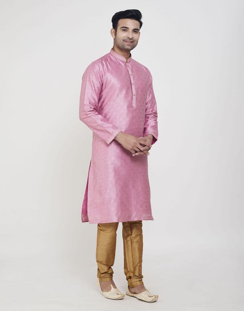 Collection of Pink Self Highlighted Brocade Design Kurta Pajama Set in a gallery layout