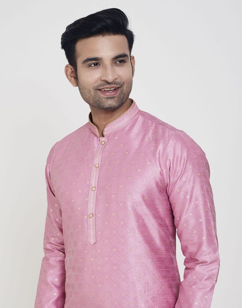 Collection of Pink Self Highlighted Brocade Design Kurta Pajama Set in a gallery layout