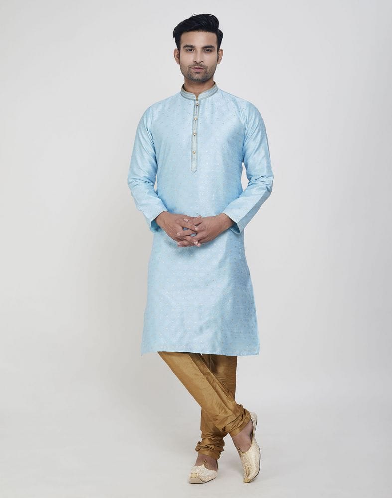 Collection of Sky Blue Self Highlighted Brocade Design Kurta Pajama Set in a gallery layout