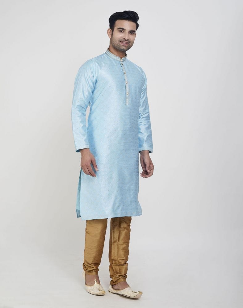 Collection of Sky Blue Self Highlighted Brocade Design Kurta Pajama Set in a gallery layout