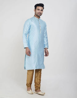 Collection of Sky Blue Self Highlighted Brocade Design Kurta Pajama Set in a gallery layout