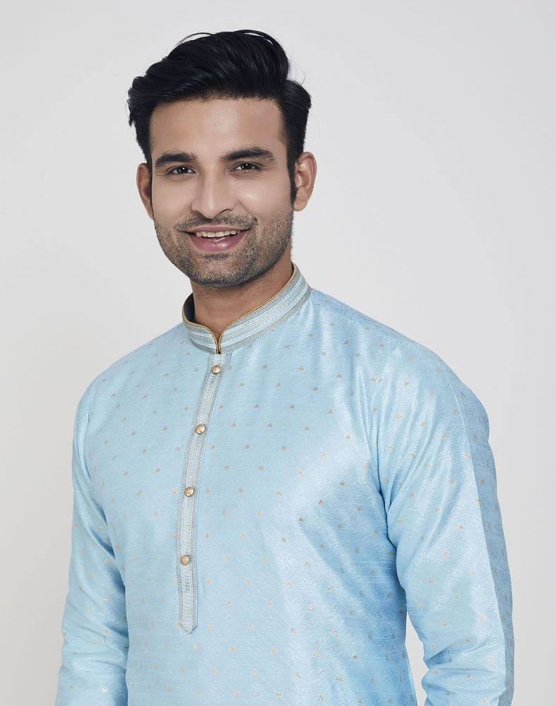 Sky Blue Self Highlighted Brocade Design Kurta Pajama Set