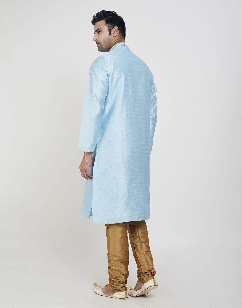 Collection of Sky Blue Self Highlighted Brocade Design Kurta Pajama Set in a gallery layout