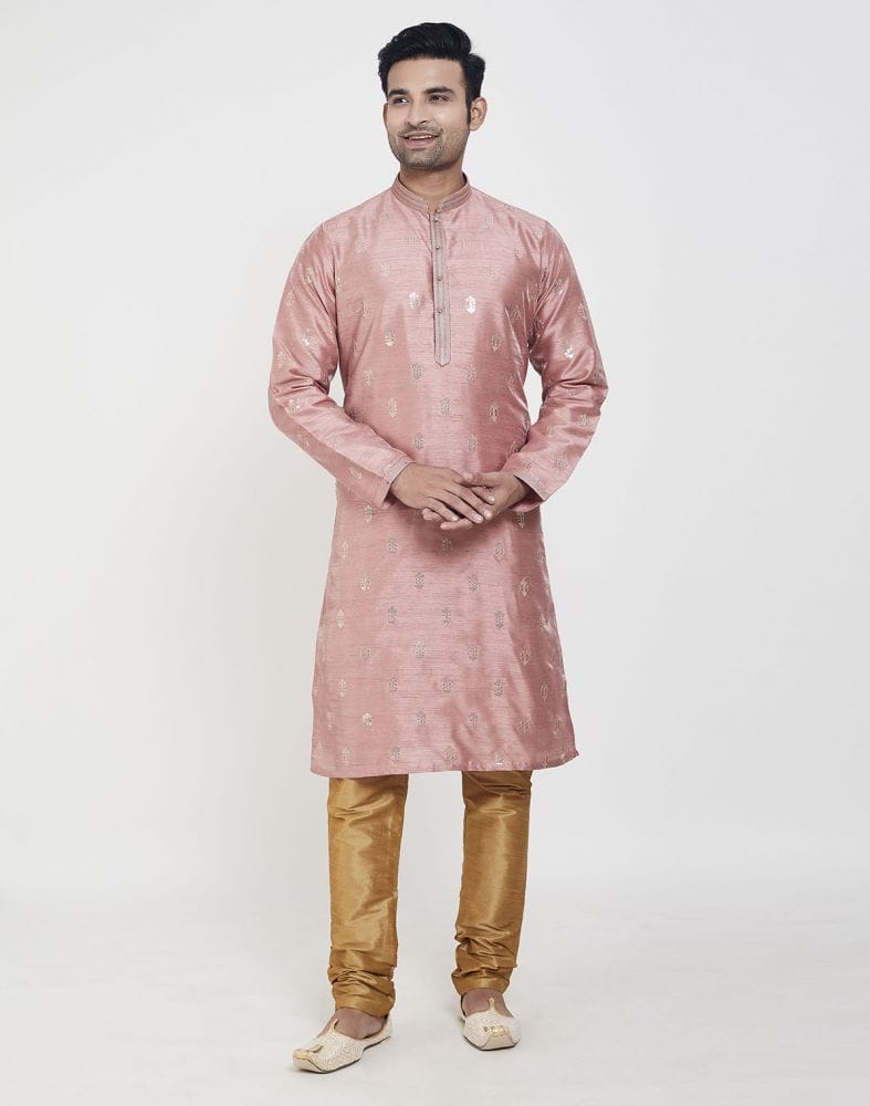 Collection of Peach Self Highlighted Brocade Design Kurta Pajama in a gallery layout