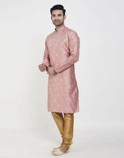 Collection of Peach Self Highlighted Brocade Design Kurta Pajama in a gallery layout