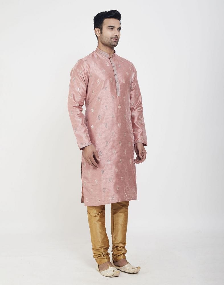 Collection of Peach Self Highlighted Brocade Design Kurta Pajama in a gallery layout