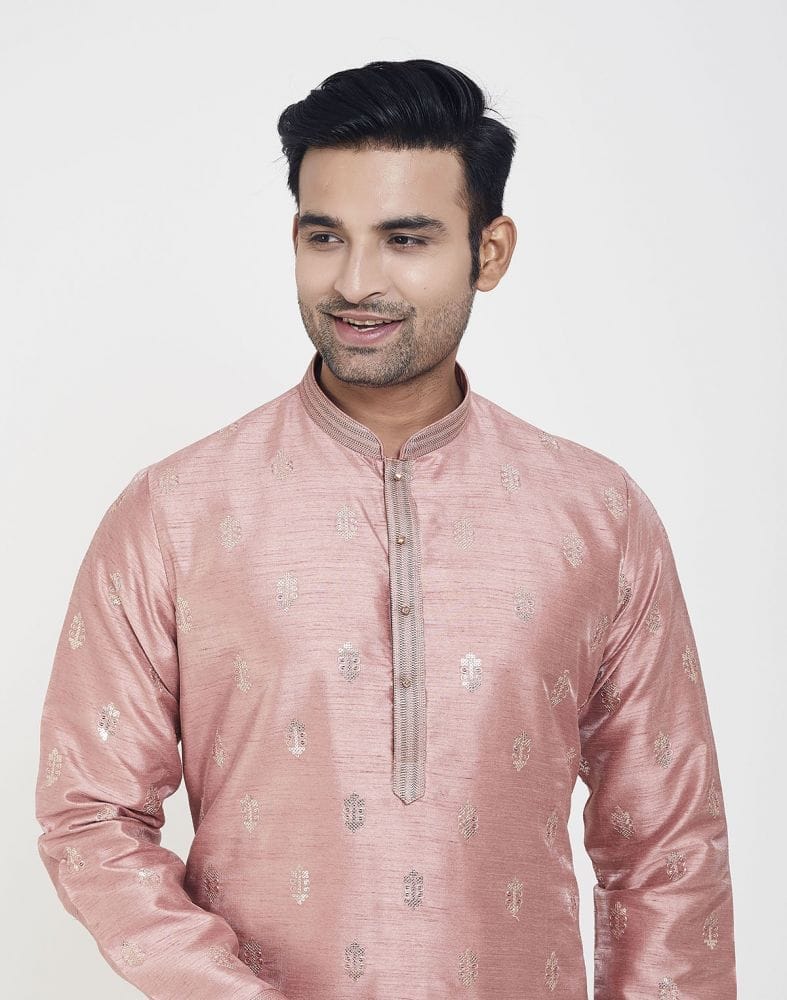 Peach Self Highlighted Brocade Design Kurta Pajama