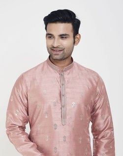 Collection of Peach Self Highlighted Brocade Design Kurta Pajama in a gallery layout