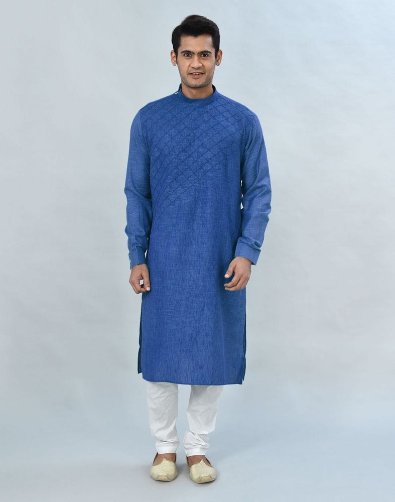 Collection of Royal Blue Geometric Plain Kurta Pyjama Set in a gallery layout