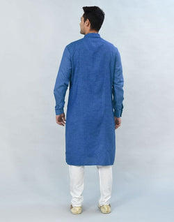 Collection of Royal Blue Geometric Plain Kurta Pyjama Set in a gallery layout