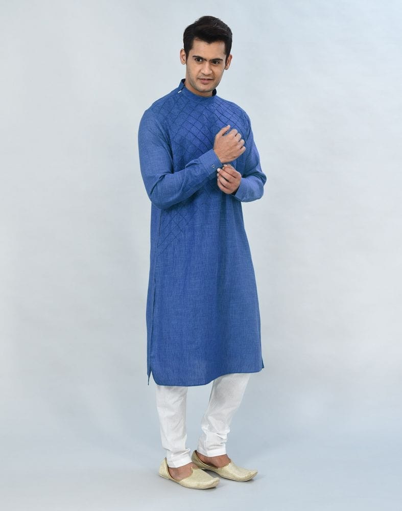 Royal Blue Geometric Plain Kurta Pyjama Set