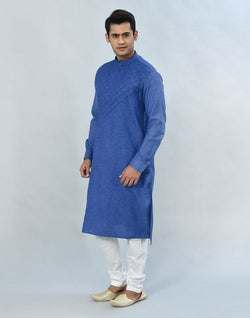 Collection of Royal Blue Geometric Plain Kurta Pyjama Set in a gallery layout