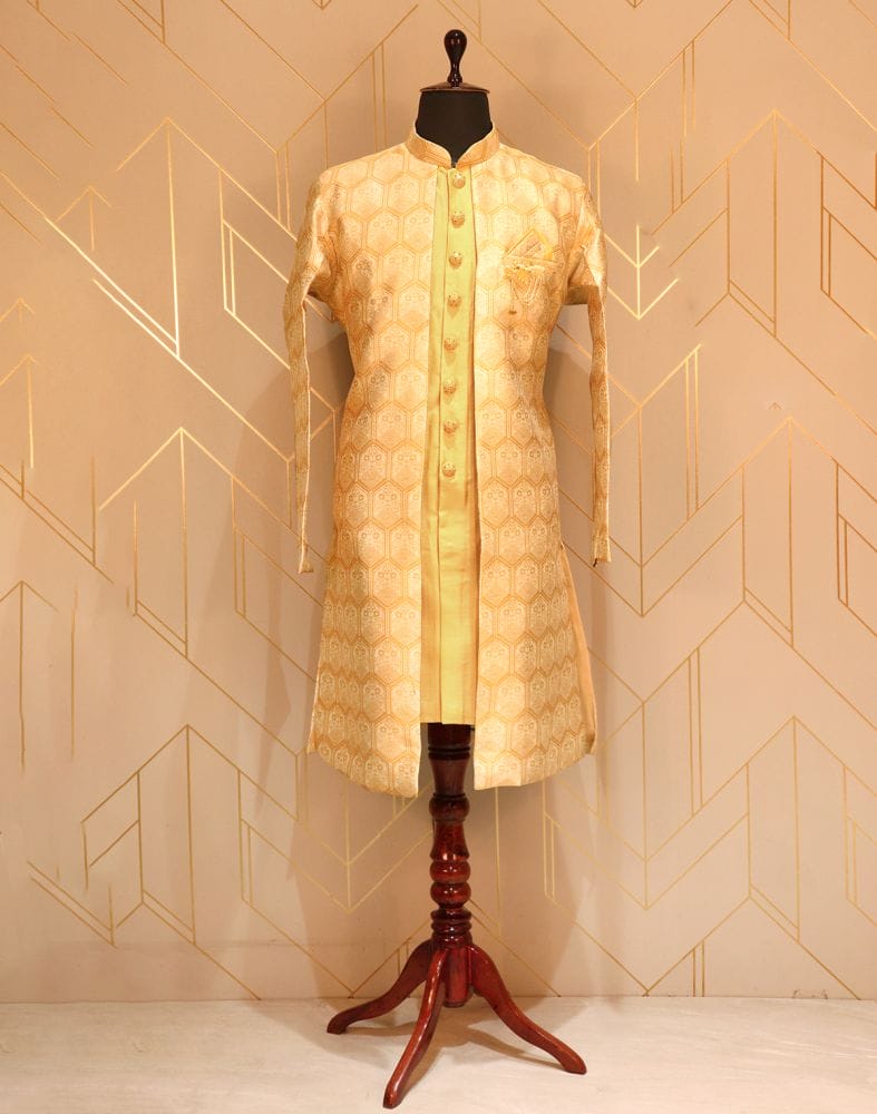 Collection of Mustard Floral Weave Raw Silk Kurta Jacket Set in a gallery layout