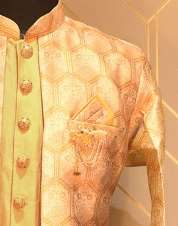 Collection of Mustard Floral Weave Raw Silk Kurta Jacket Set in a gallery layout