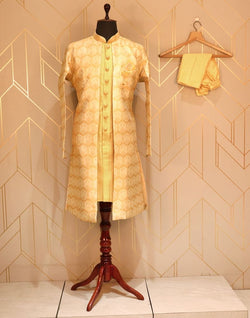 Collection of Mustard Floral Weave Raw Silk Kurta Jacket Set in a gallery layout