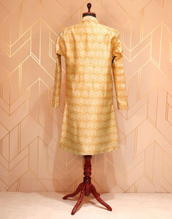 Collection of Mustard Floral Weave Raw Silk Kurta Jacket Set in a gallery layout