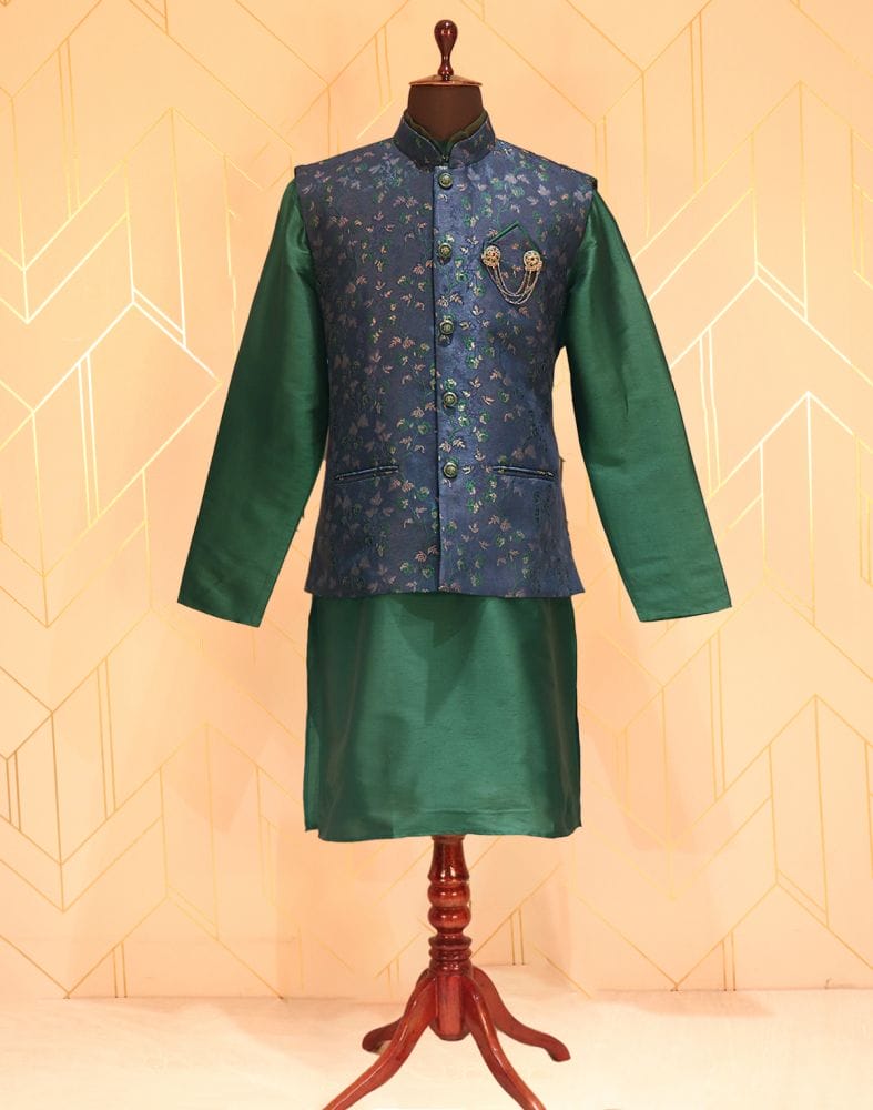 Collection of Rama Green and Navy Blue Colour Floral Jacquard Deroyal Kurta and Jacket Set in a gallery layout