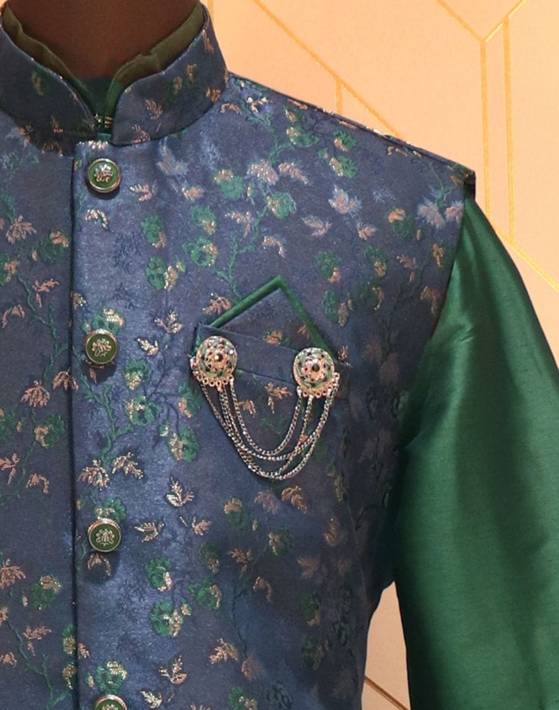 Rama Green and Navy Blue Colour Floral Jacquard Deroyal Kurta and Jacket Set