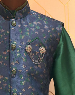 Collection of Rama Green and Navy Blue Colour Floral Jacquard Deroyal Kurta and Jacket Set in a gallery layout