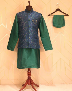 Collection of Rama Green and Navy Blue Colour Floral Jacquard Deroyal Kurta and Jacket Set in a gallery layout