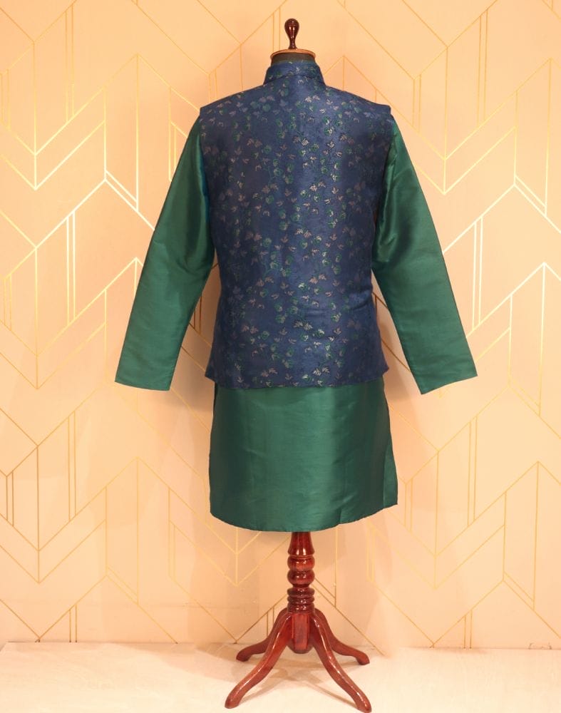 Collection of Rama Green and Navy Blue Colour Floral Jacquard Deroyal Kurta and Jacket Set in a gallery layout