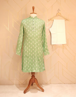 Collection of Pista Green Floral Printed Cotton Silk Kurta Pyjama Set in a gallery layout