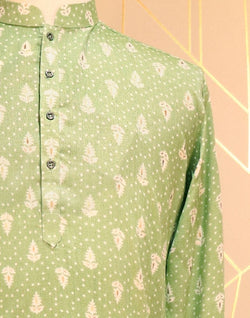 Collection of Pista Green Floral Printed Cotton Silk Kurta Pyjama Set in a gallery layout