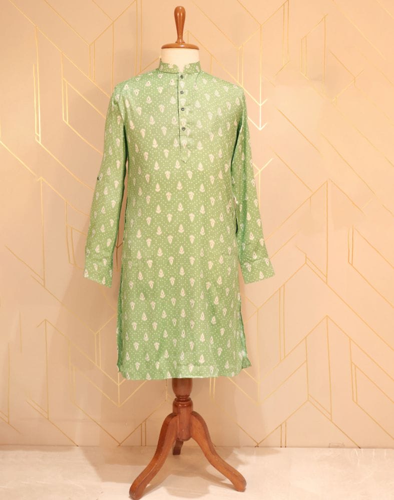 Collection of Pista Green Floral Printed Cotton Silk Kurta Pyjama Set in a gallery layout