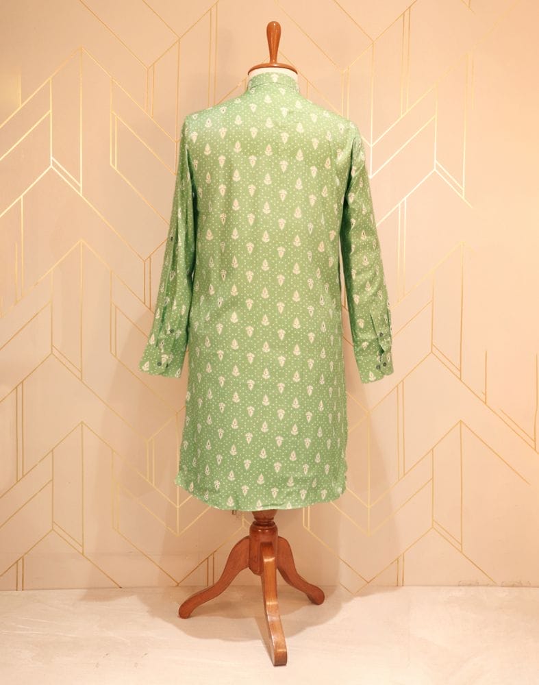 Collection of Pista Green Floral Printed Cotton Silk Kurta Pyjama Set in a gallery layout