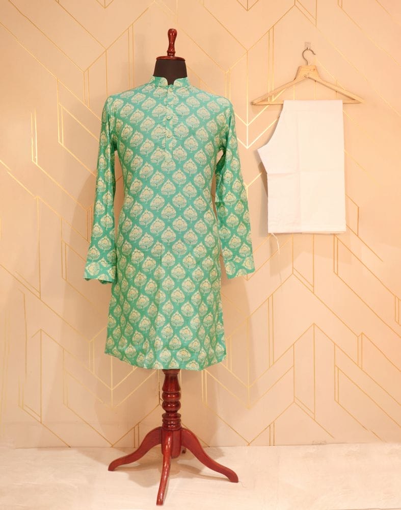 Collection of Green Elegant Floral Cotton Silk Kurta Pyjama Set in a gallery layout