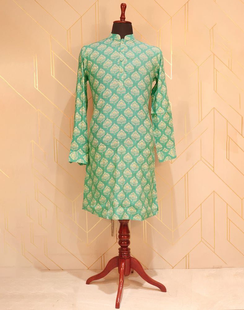 Collection of Green Elegant Floral Cotton Silk Kurta Pyjama Set in a gallery layout