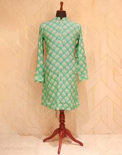 Collection of Green Elegant Floral Cotton Silk Kurta Pyjama Set in a gallery layout