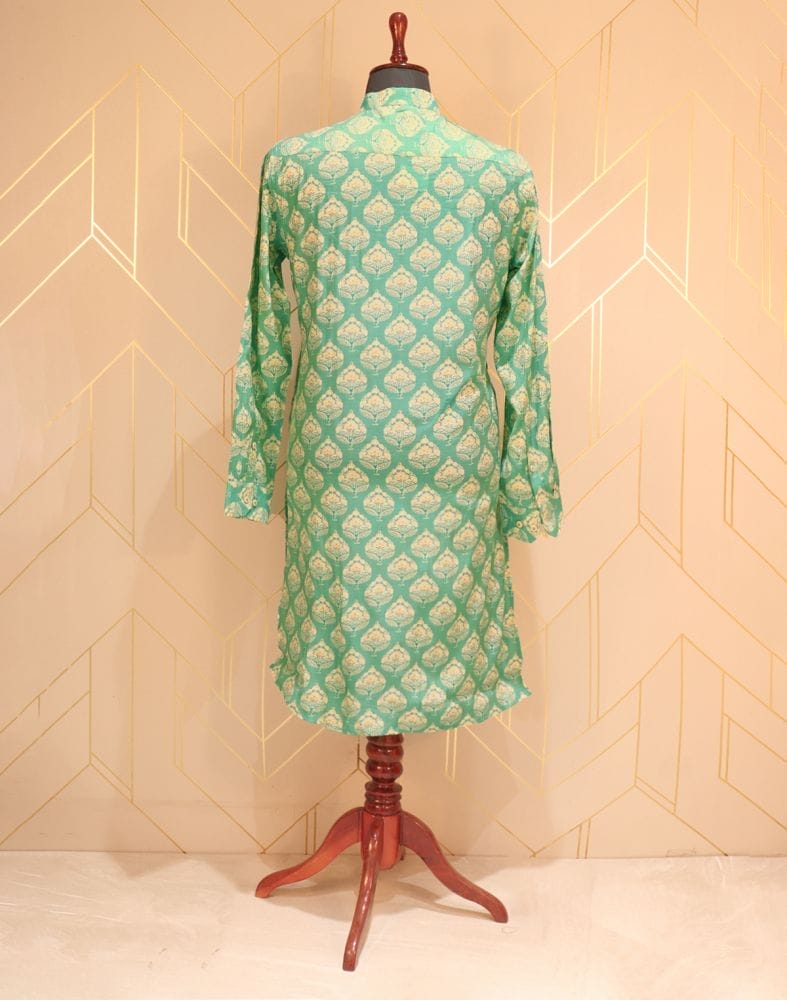 Collection of Green Elegant Floral Cotton Silk Kurta Pyjama Set in a gallery layout