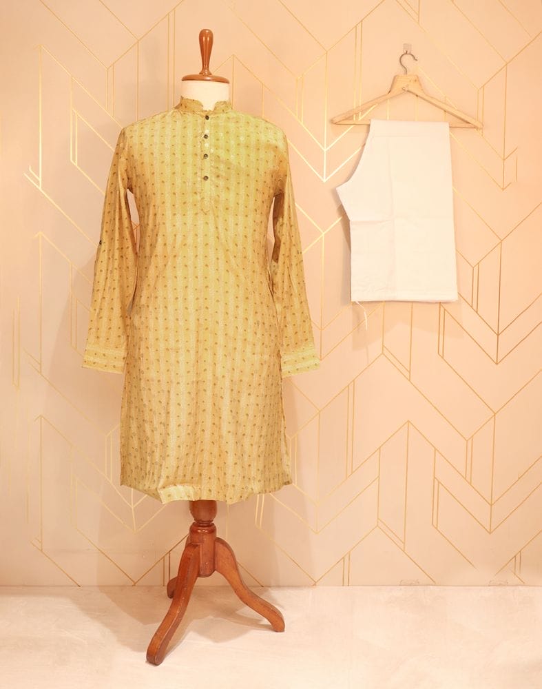 Collection of Yellow Floral Printed Cotton Silk Kurta Pyjama Set in a gallery layout