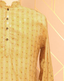 Collection of Yellow Floral Printed Cotton Silk Kurta Pyjama Set in a gallery layout